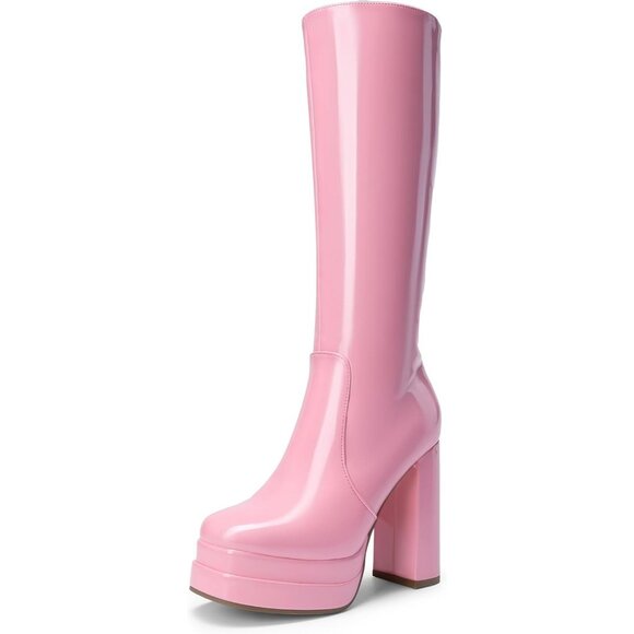 Women's Light Pink Platform Heeled Knee High Boots Long Chunky Tall Gogo Boots - Picture 1 of 7